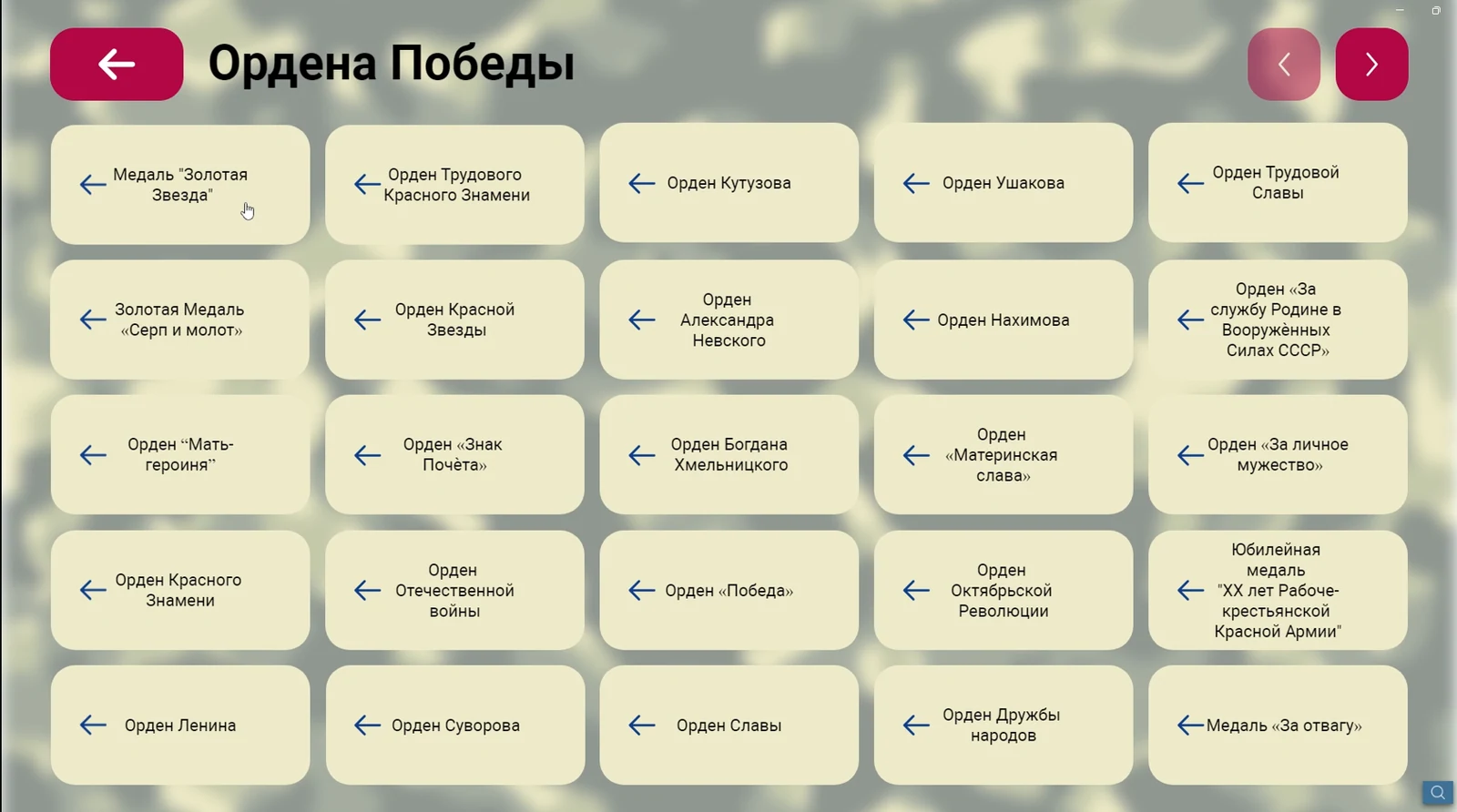 Раздел «Ордена Победы»: сетка из наград и медалей с листанием