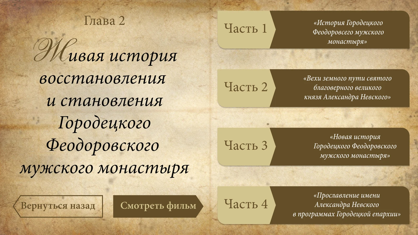 Глава об истории монастыря, разбитая на четыре части