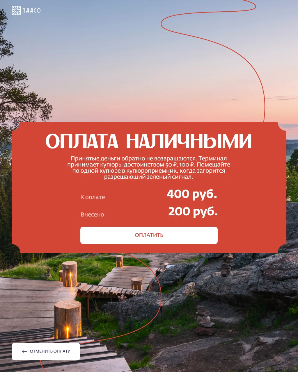 Оплата наличными: к оплате и внесено двумя строками