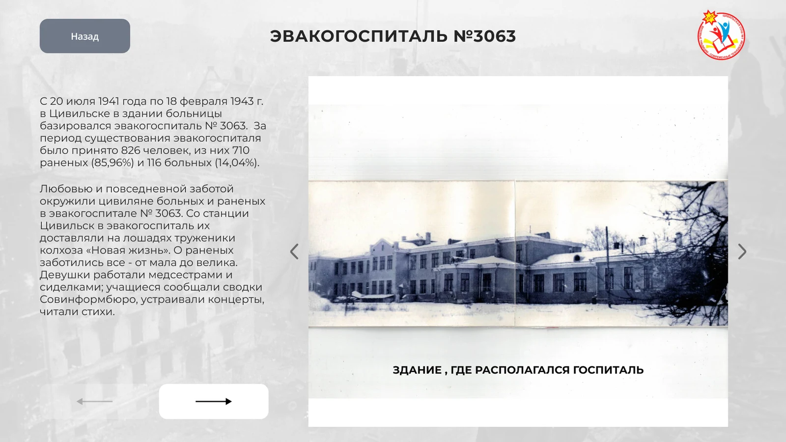 Эвакогоспиталь № 3063: сведения о раненых и здание госпиталя на снимке