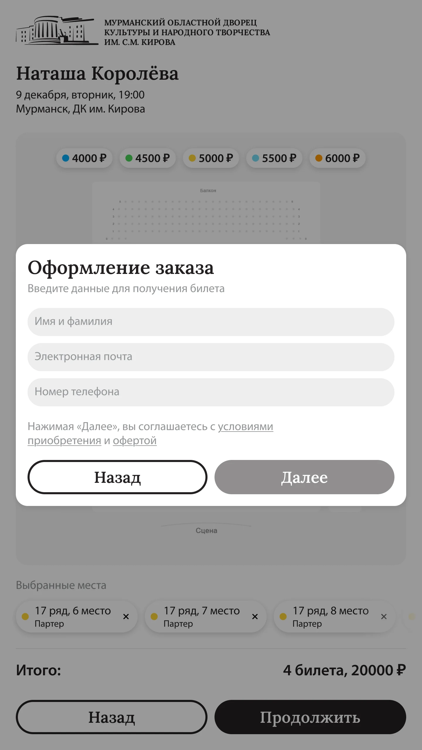 Выбранные места чипами и оформление заказа