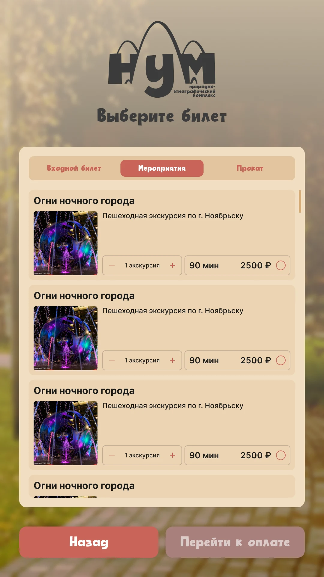 Выбор билета: вкладки входного, мероприятий и проката