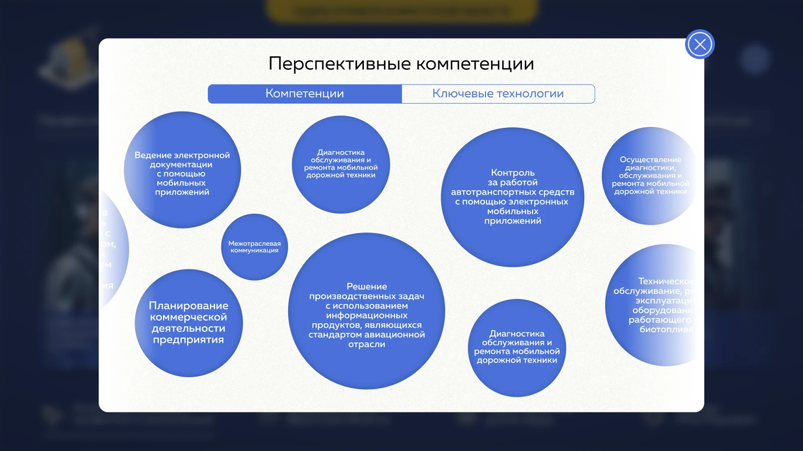 Окно «Перспективные компетенции»: карта компетенций и вкладка ключевых технологий