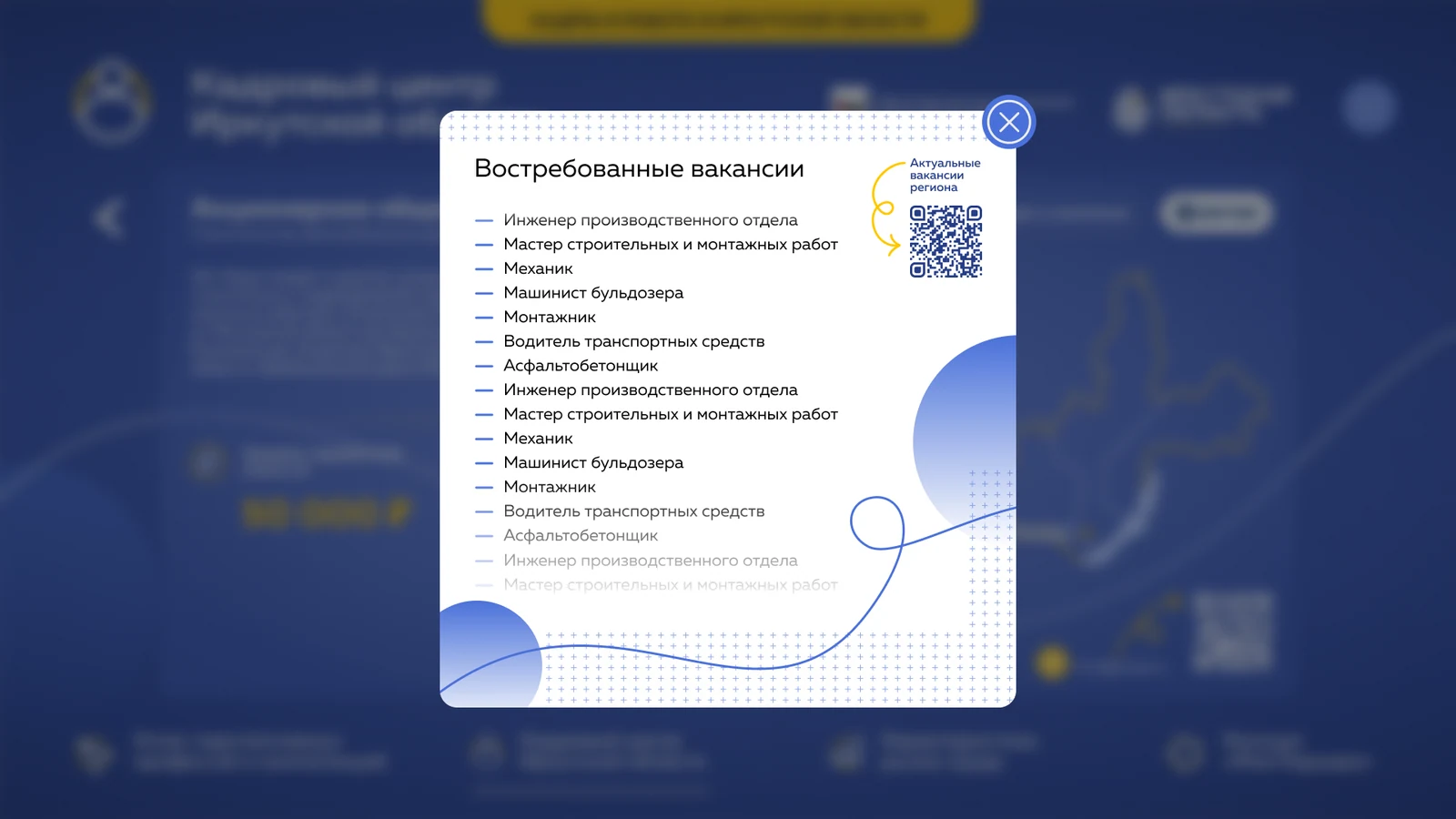 Окно «Востребованные вакансии» отрасли с QR-кодом на актуальные вакансии