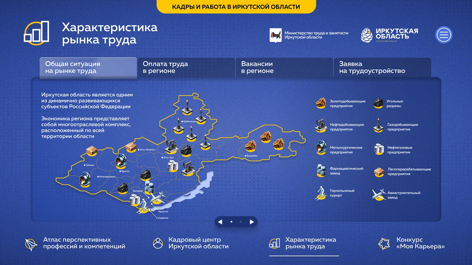 Рынок труда: общая ситуация на карте области с отраслевыми значками