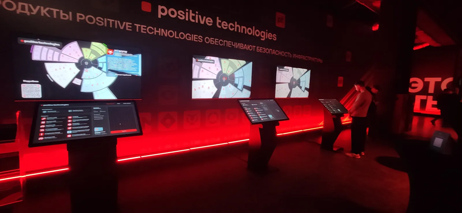 Зона стенда Positive Technologies: ряд сенсорных терминалов вдоль медиастены