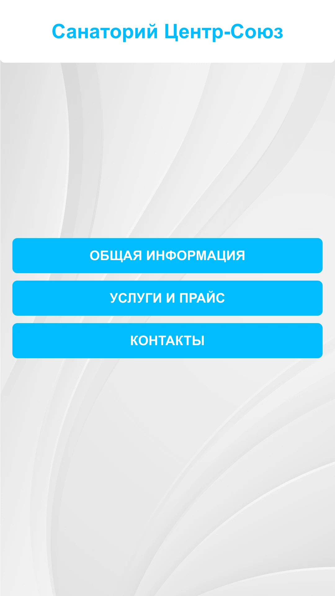 Главный экран: общая информация, услуги и прайс, контакты