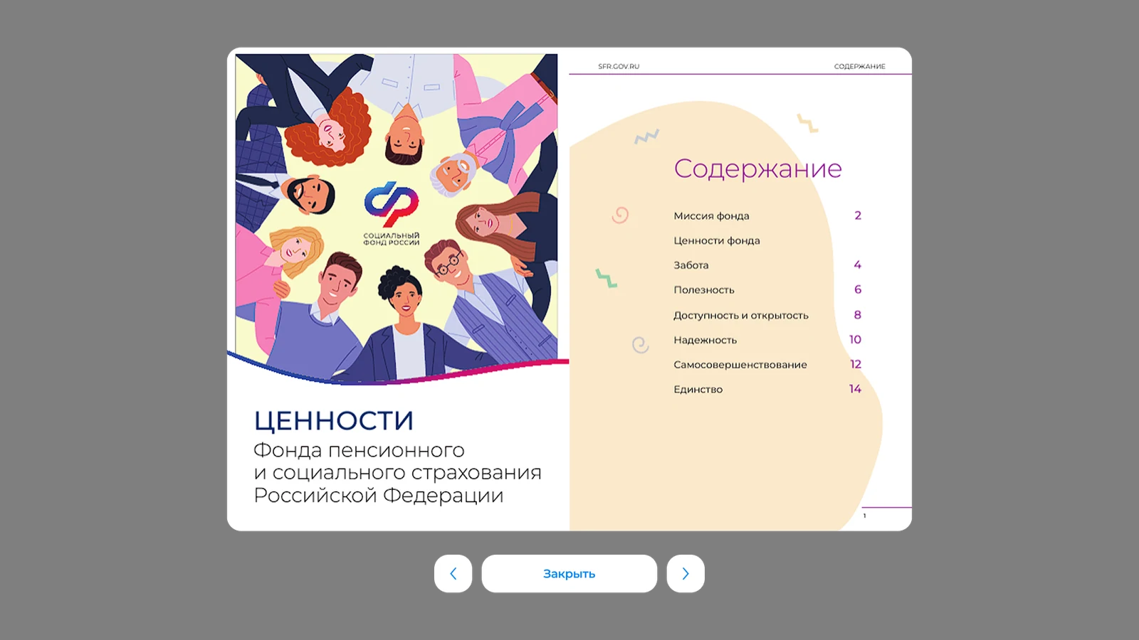 Презентация о ценностях Социального фонда с постраничным листанием