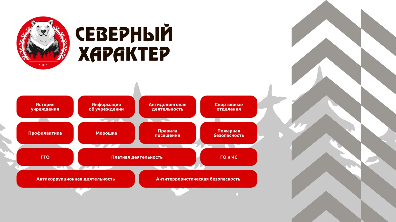 Центр единоборств «Северный характер», Ноябрьск: главное меню — тринадцать разделов