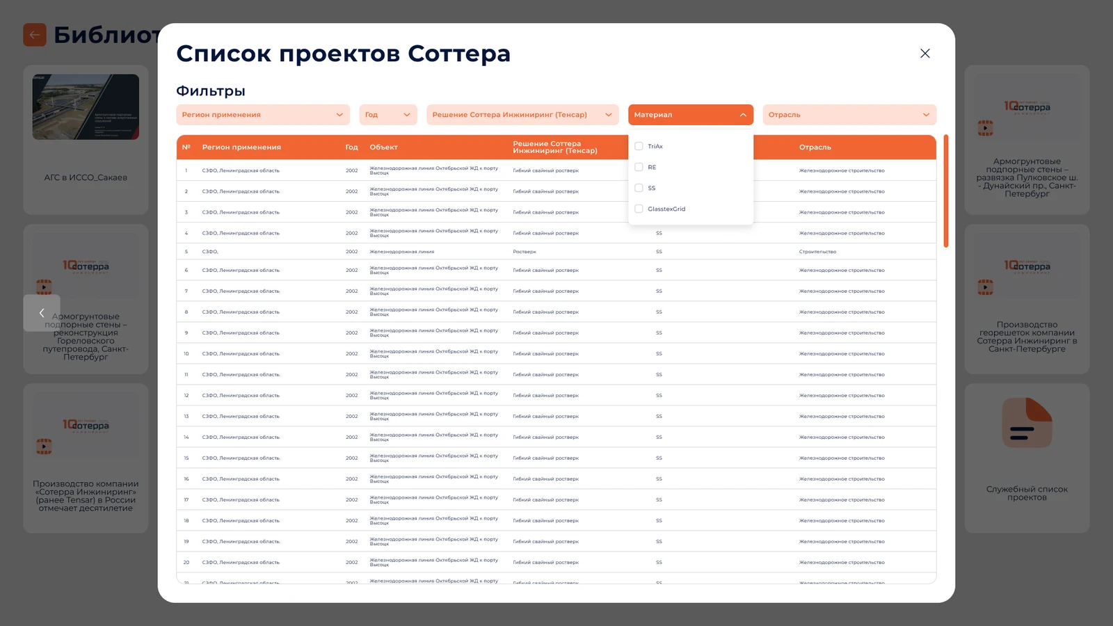 Список проектов компании таблицей с фильтрами