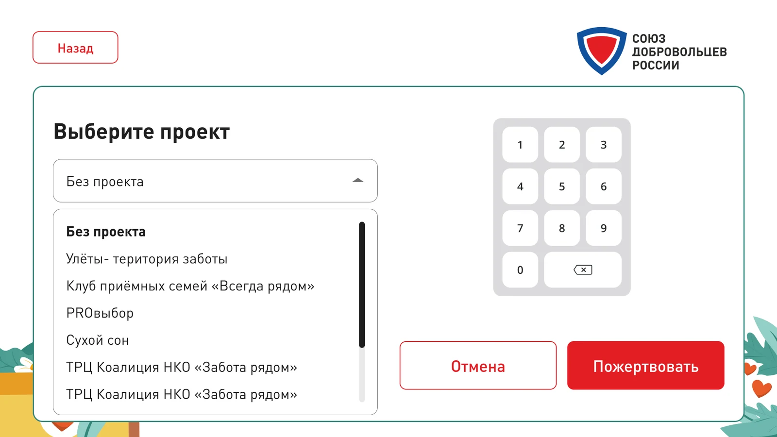 Выбор проекта для пожертвования: раскрытый список программ организации