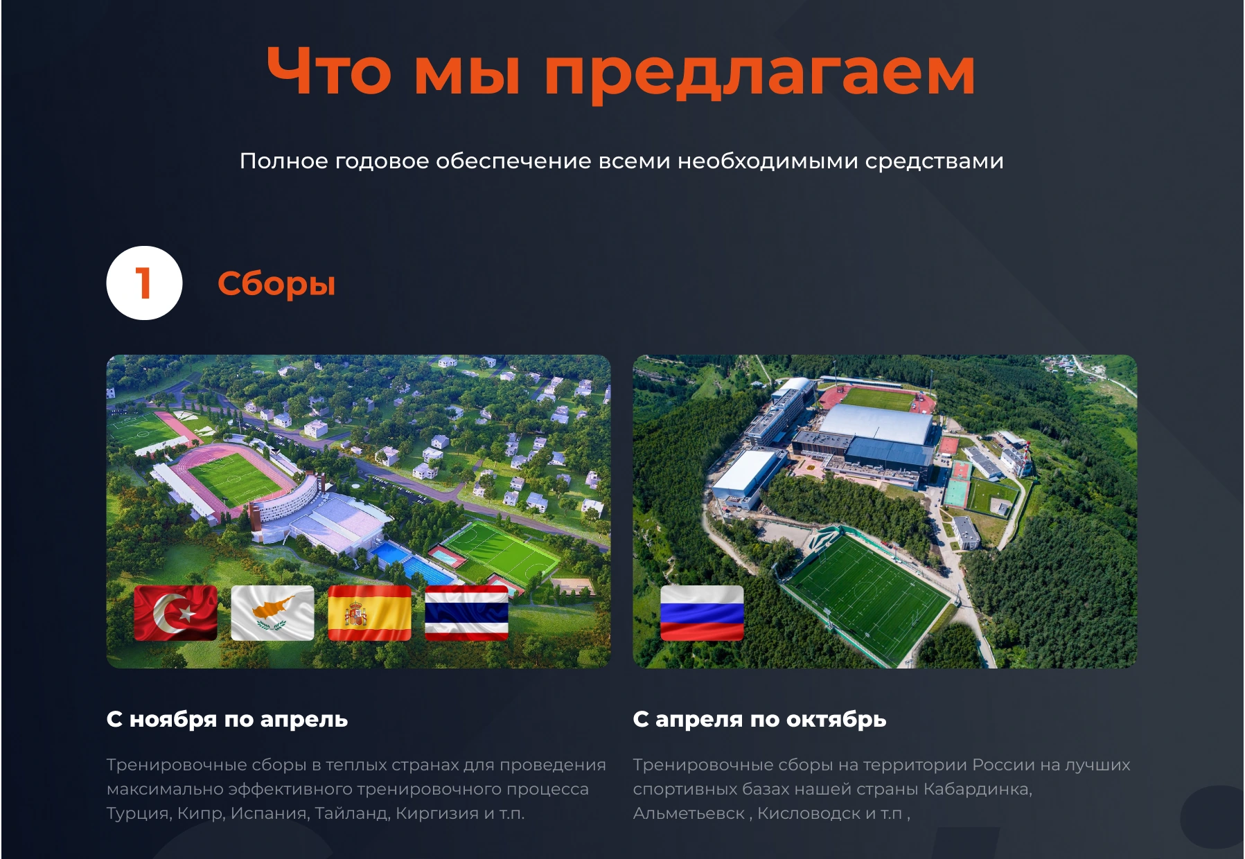 Фрагмент лендинга: программа подготовки и сезонные тренировочные сборы