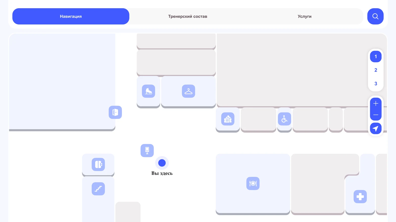 Карта этажа с точкой «Вы здесь» и переключателем этажей