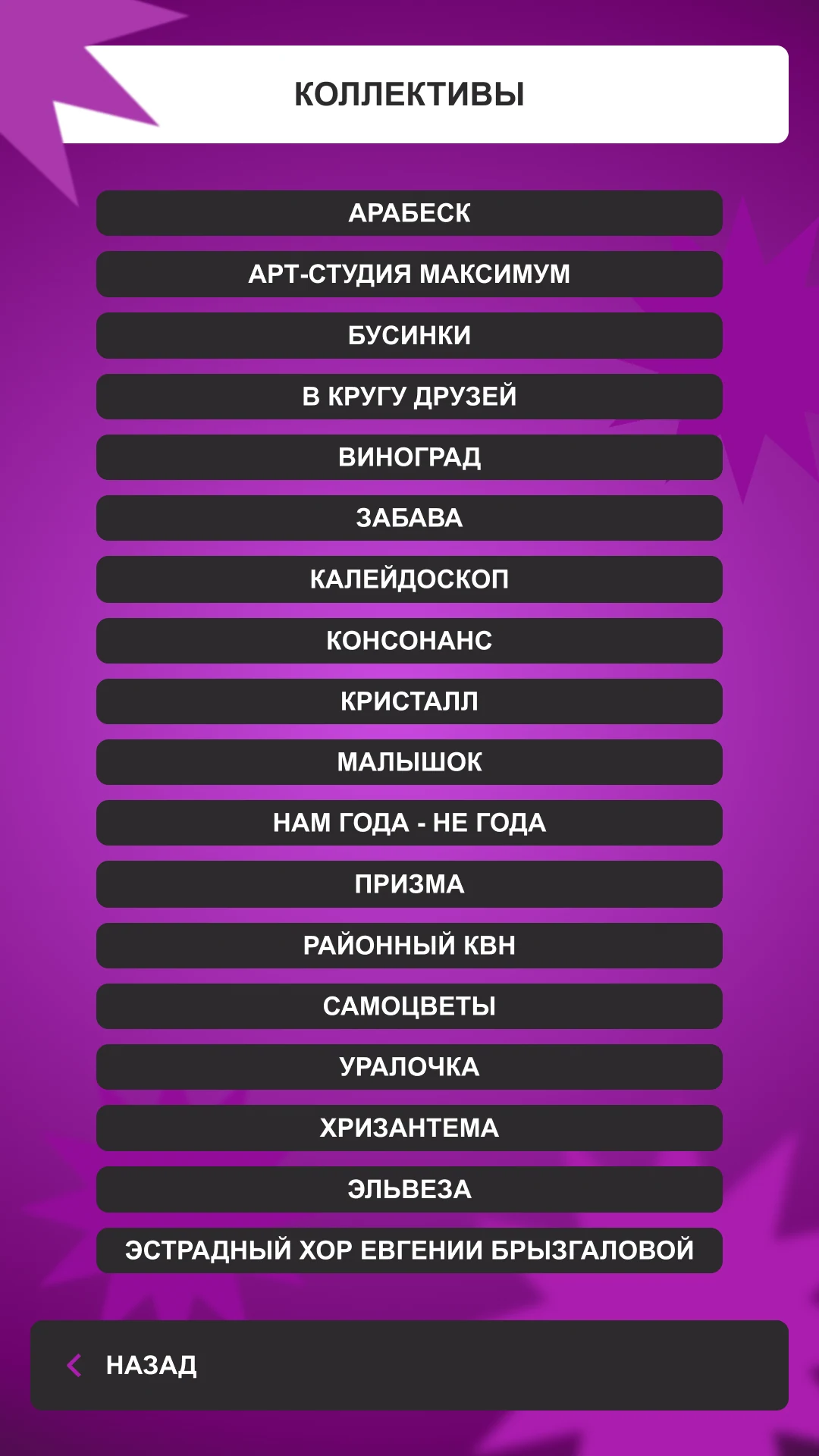 Список из 18 самодеятельных коллективов Дворца