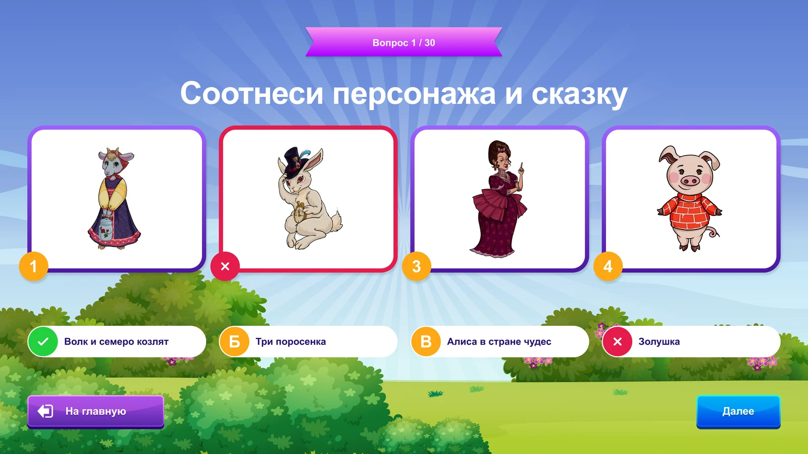 Викторина «По страницам сказок»: Неверный ответ подсвечен красным