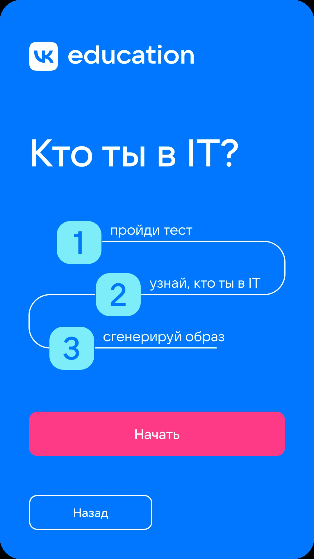 Стартовый экран теста «Кто ты в IT?»: три шага до готового образа