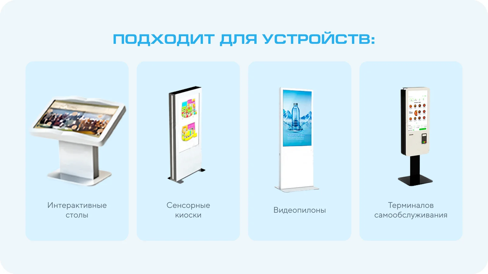 Слайд презентации: подходящие устройства — столы, киоски, видеостены, терминалы самообслуживания