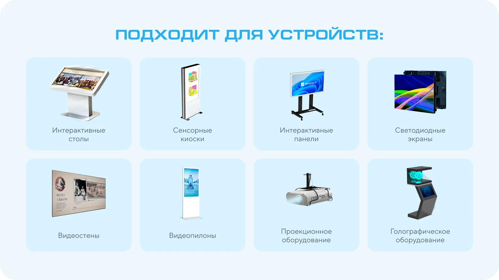 Слайд презентации: подходящие устройства — столы, киоски, панели, видеостены, проекционное и голографическое оборудование